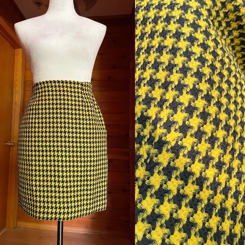 Y2K Georges Marciano Yellow Black Houndstooth Wool High Waist Mini Pencil Skirt